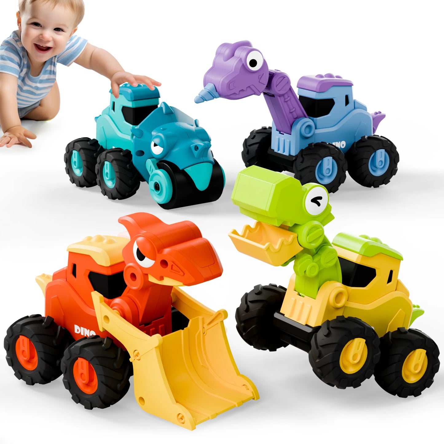 iPlay, iLearn Dinosaur Truck Toys for Toddlers, Boys Dino Press Go Racing Cars, Kids Construction Sandbox Vehicles Playset, Baby Push Go Friction Car Set - iplayilearn