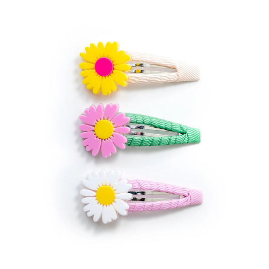 Daisy Yellow+White+Pink Fabric Covered Snap Clips