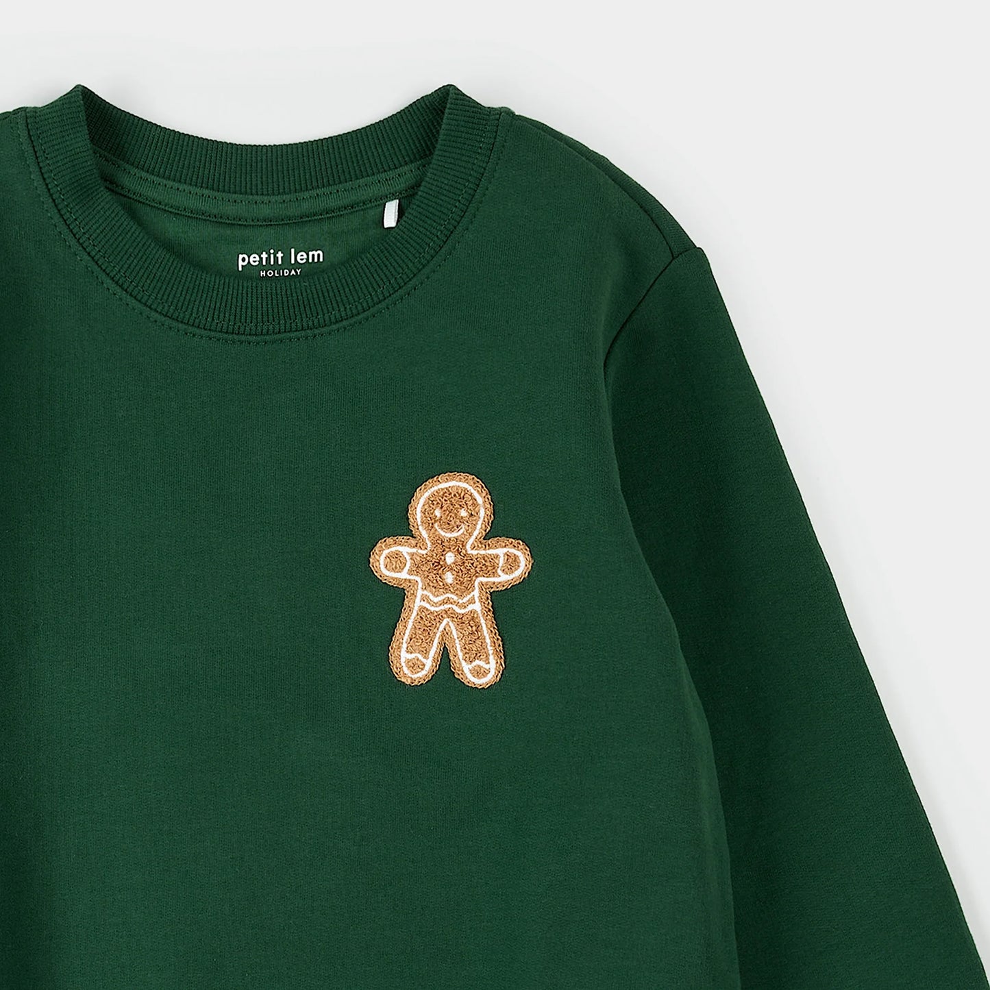 Gingerbread Man Embroidery on Dark Green Fleece Sweatshirt