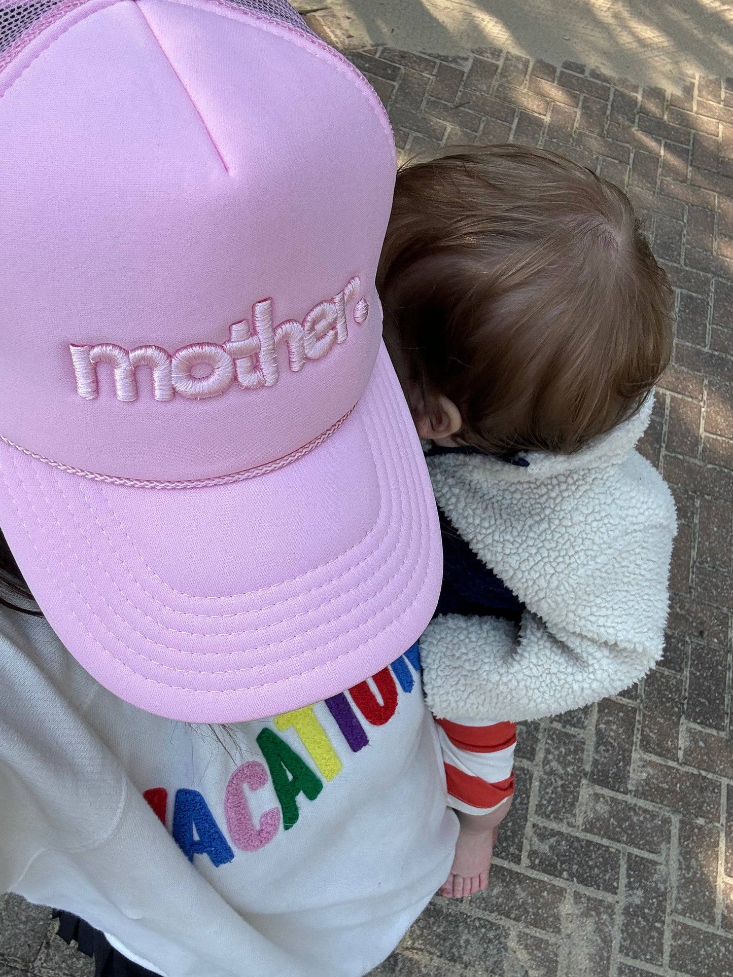 "mother." Embroidered Trucker Hat - Flamingo Pink: Flamingo Pink