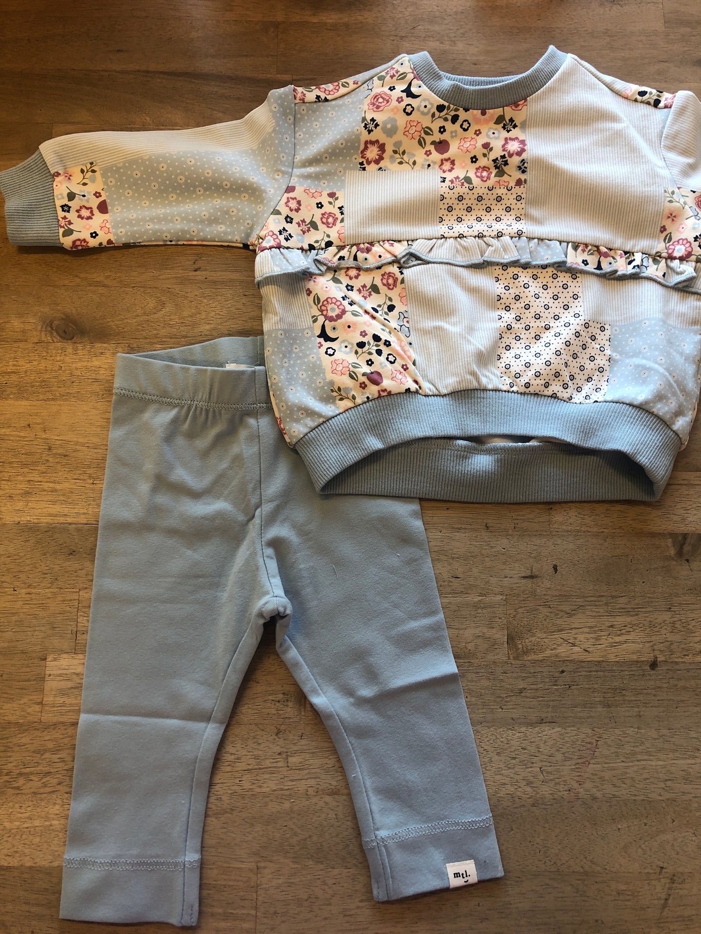 Floral Patchwork Crewneck and Pant Set- Light Blue
