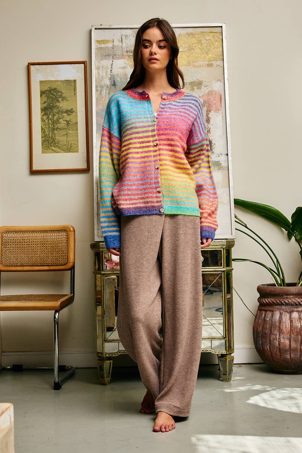 Space-Dye Striped Button-Down Cardigan: RAINBOW