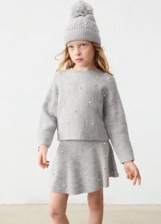 Girl Knit Sweater With Pearls- Grey