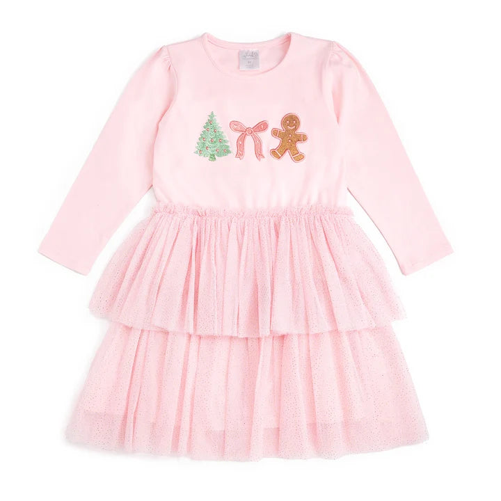 Gingerbread Embroidered Christmas Long Sleeve Tutu Dress - Sweet Wink