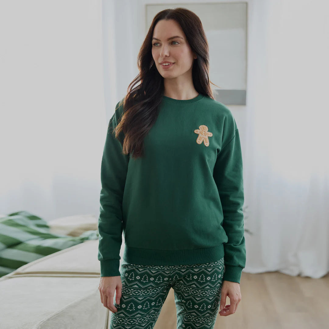 Gingerbread Man Embroidery on Dark Green Fleece Women's Sweatshirt