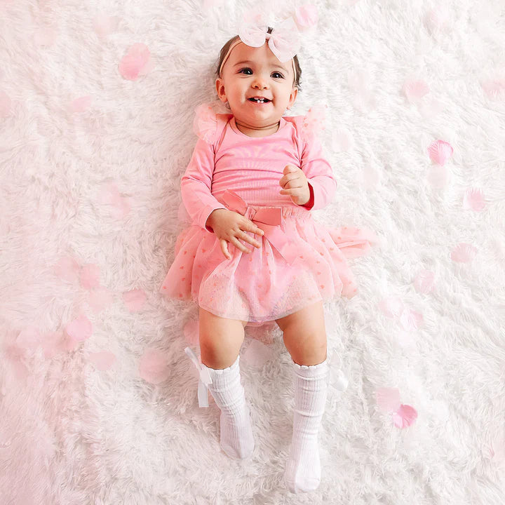 Flocked Heart Valentine's Day Tiered Long Sleeve Tutu Bodysuit