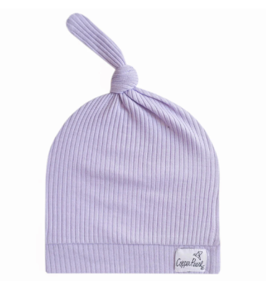 Periwinkle Rib Knit Top Knot Hat - copper pearl