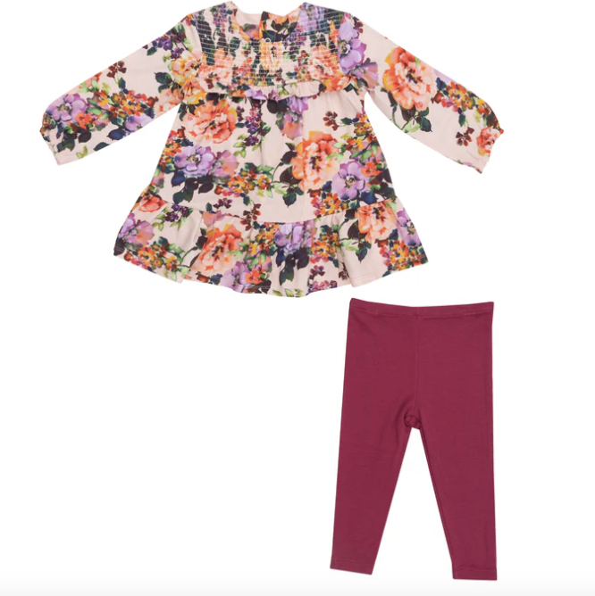 Smocked Ruffle Tiered Dress with Ribbed Legging, Autumn Rose - Angel Dear