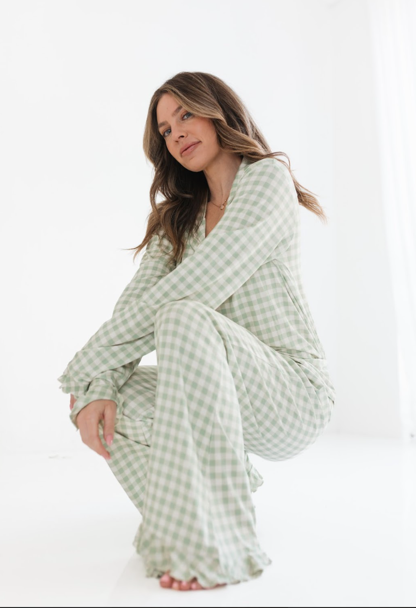 Green Gingham Women's Long Sleeve Ruffle Set - Baby Sweet Pea's Boutique