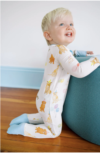 Dog Party Sleep Romper- Blue - The Uptown Baby