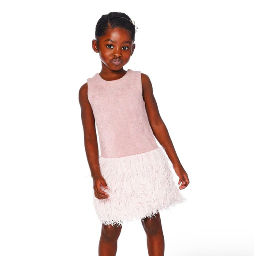 Sleeveless Bi-Material Lurex Dress With Feathers Light Pink