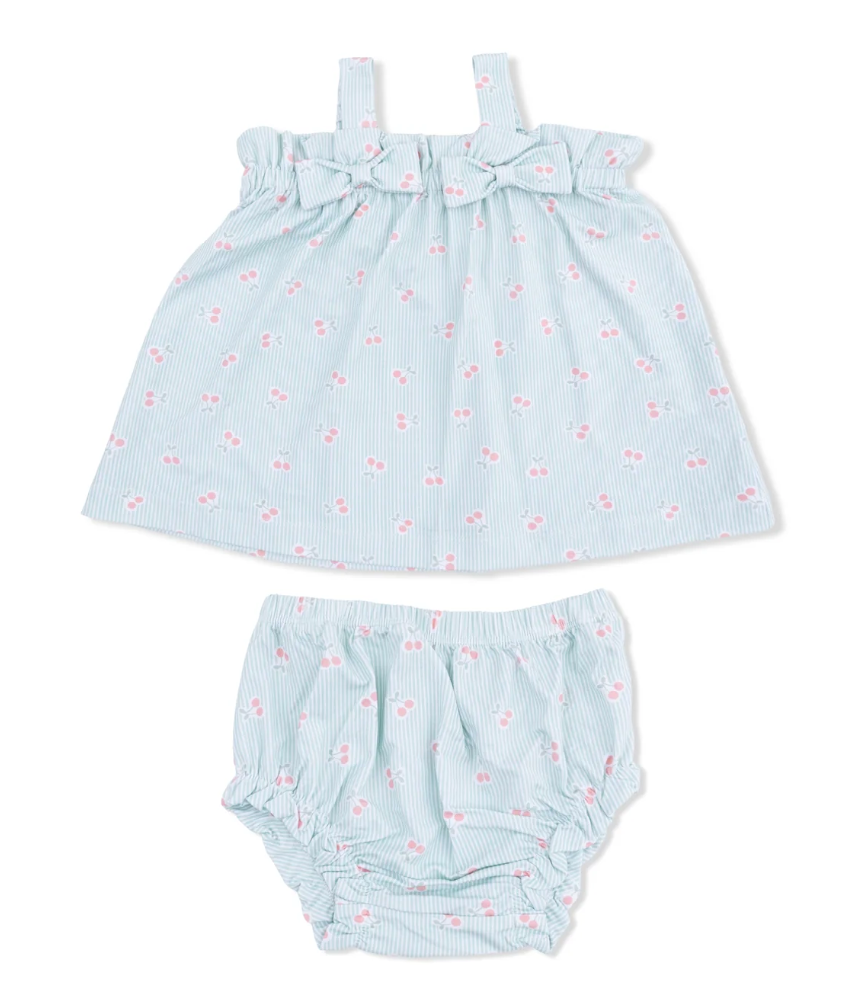 Top with Bows and Ruffle Leg Bloomer- Tiny Cherry Stripe
