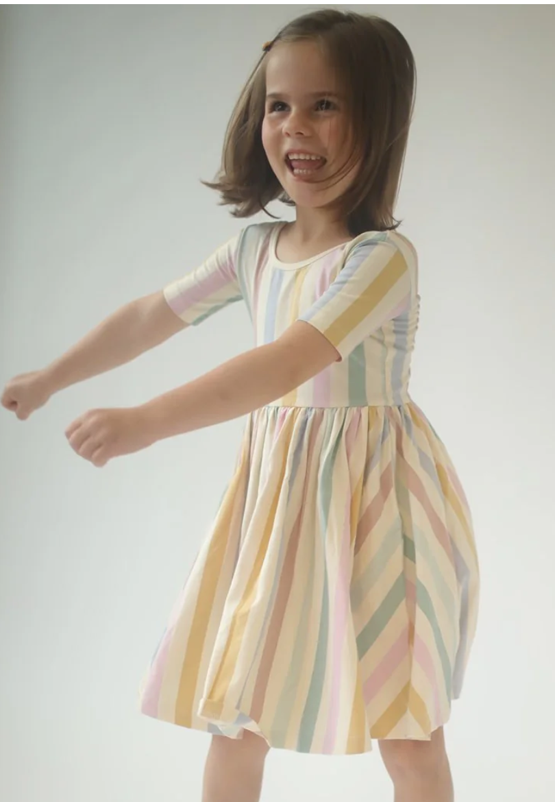 Short Sleeve Twirl Dress in Pastel Stripes - Good Apples