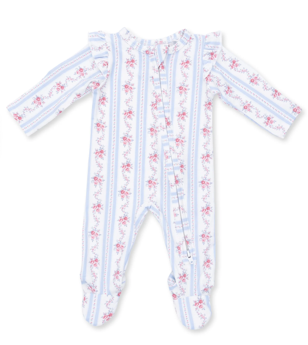 Anna Floral Stripe 2 Way Ruffle Sleeve Zipper Footie