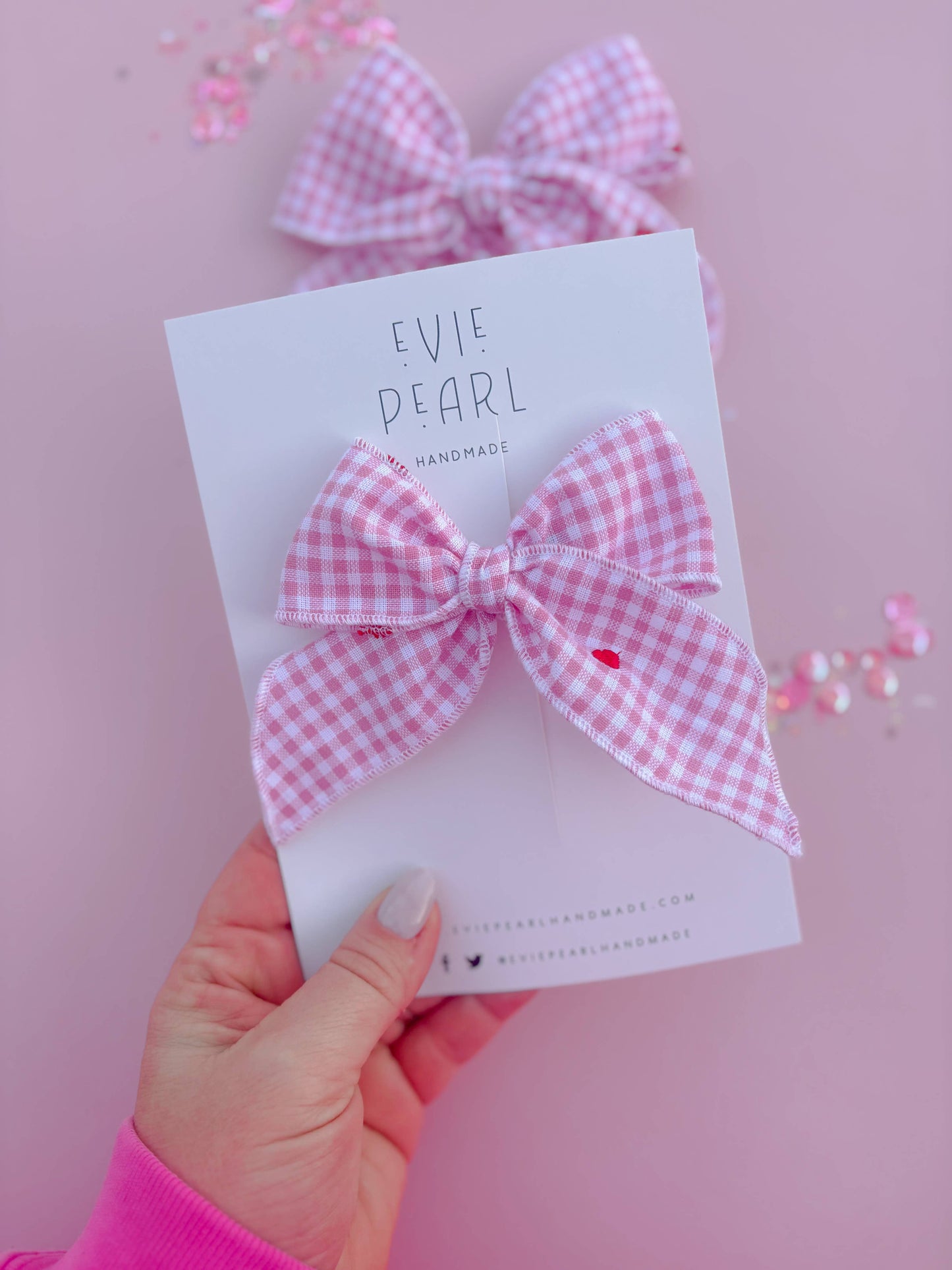 Pink Gingham Red Heart Bow: Medium