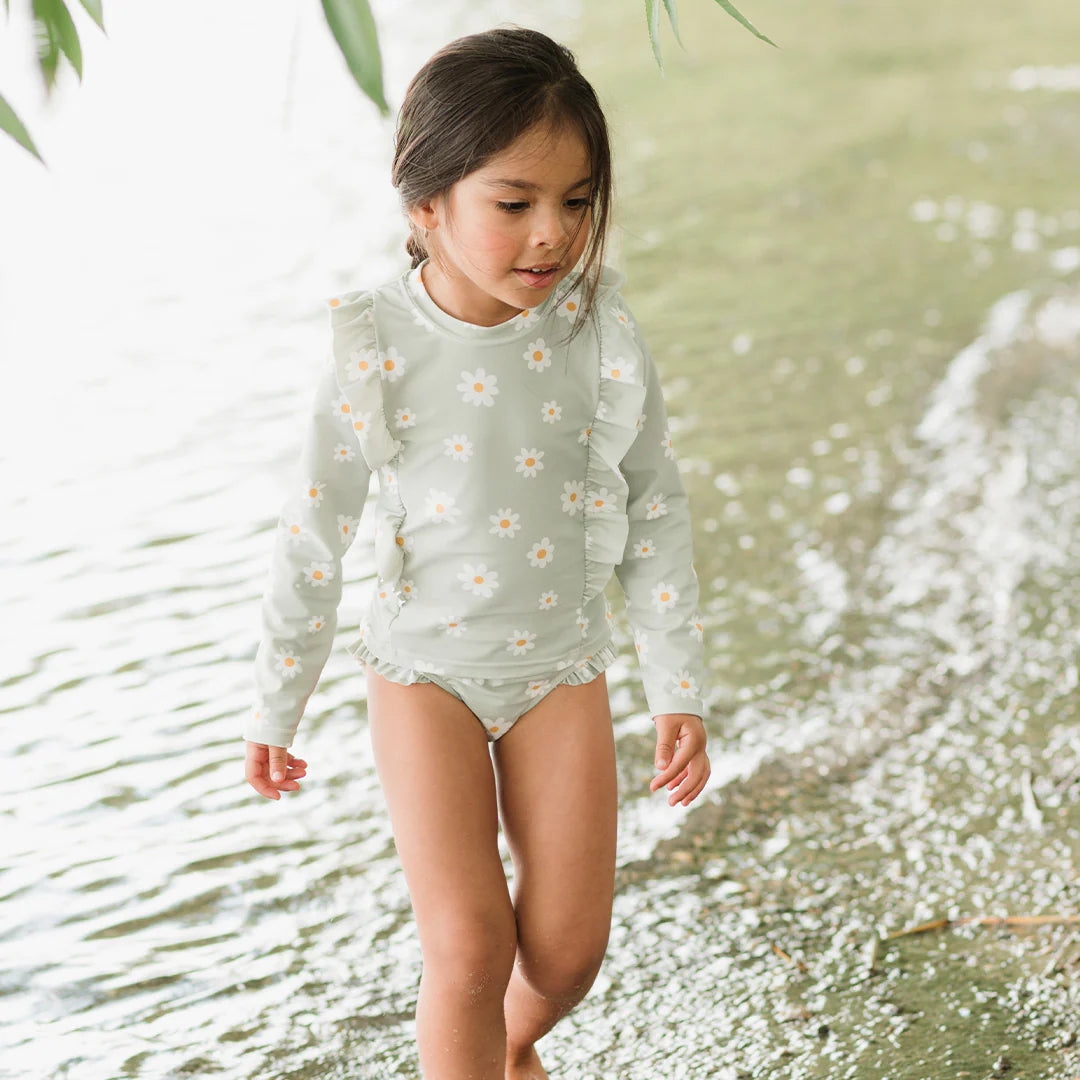 Daisy Print on Desert Sage Long-Sleeve Rashguard Set