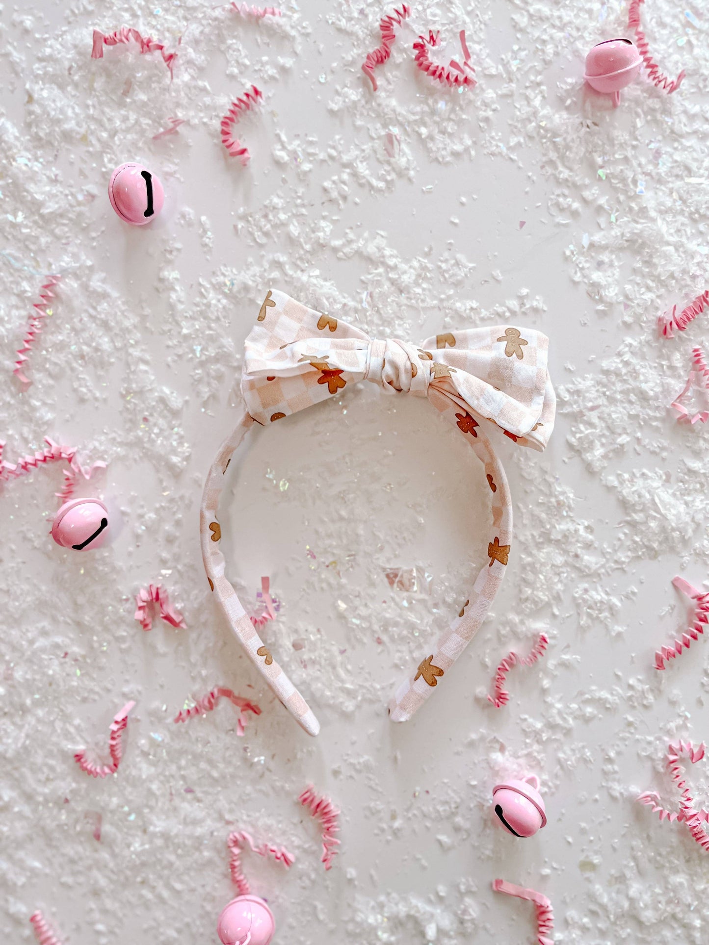 Gingerbread Pink Checkered Bow Headband - Evie Pearl Handmade LLC