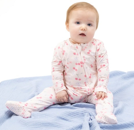 Sweet Bow Cherries  2 Way Ruffle Back Zipper Footie