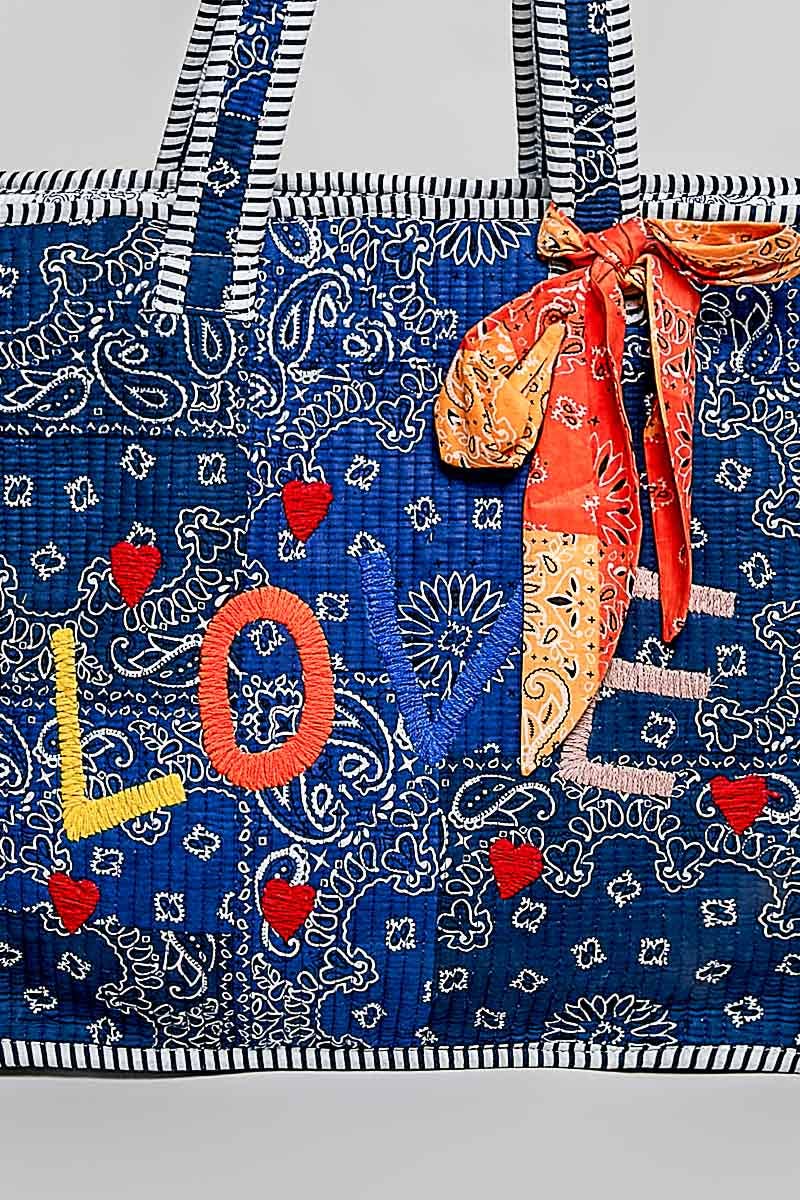 Quilted Indigo Paisley LOVE Tote Bag