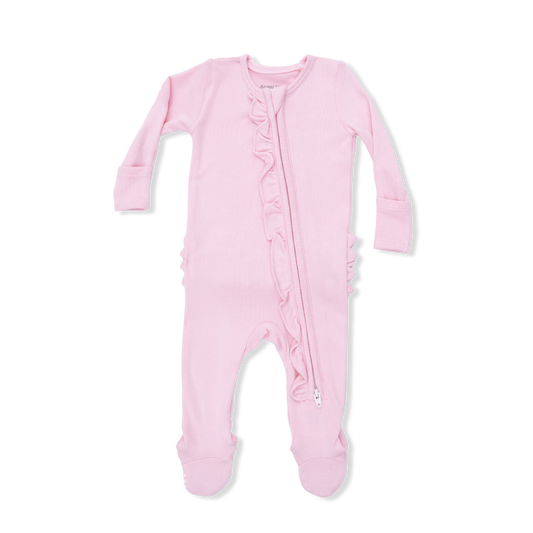 2 Way Ruffle Sleeve Zipper Footie - Romance Rose Ribbed - Angel Dear