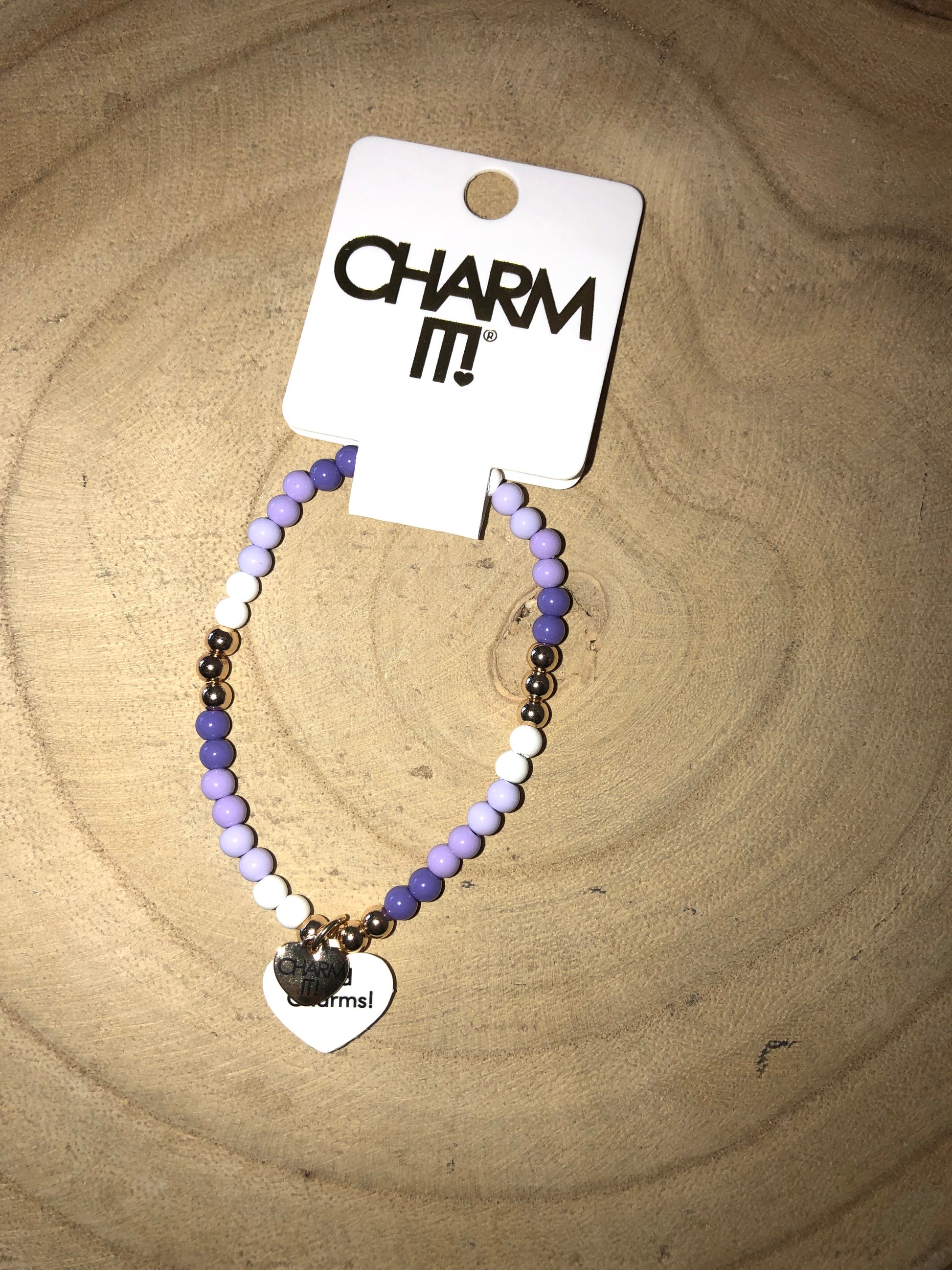 Gold Purple Stretch Bead Bracelet - Charm Its