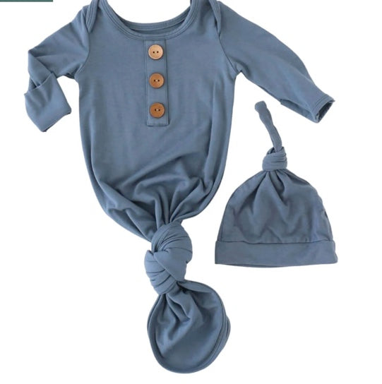 Solid Dusty Blue Bamboo Baby Knot Gown & Hat