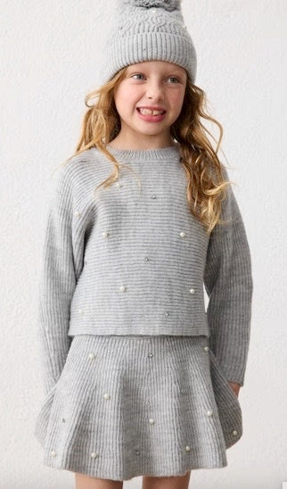 Girl Knit Skirt With Pearls- Grey