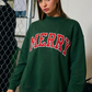 "MERRY" Polka-Dot Mock-Neck Sweatshirt: HUNTER GREEN