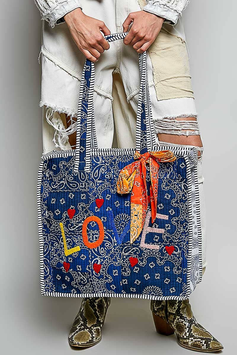 Quilted Indigo Paisley LOVE Tote Bag