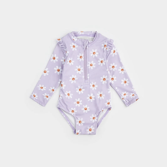 Daisy Print On Lavender Long-Sleeve Swimsuit - Petit Lem