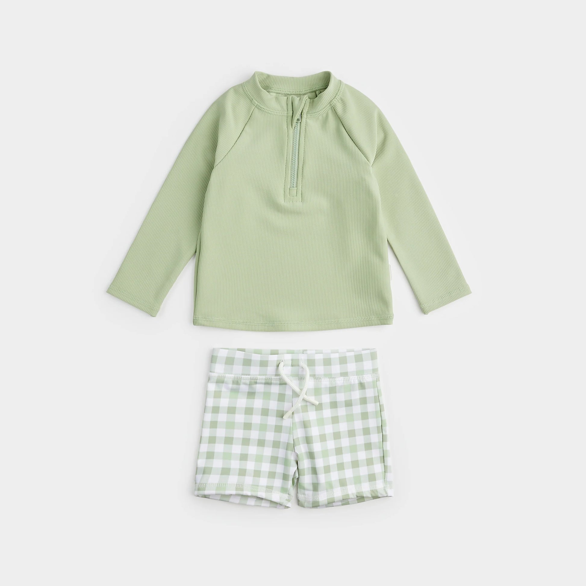 Ribbed Long-Sleeve Sage & Gingham Rashguard Set With Swim Shorts - Petit Lem