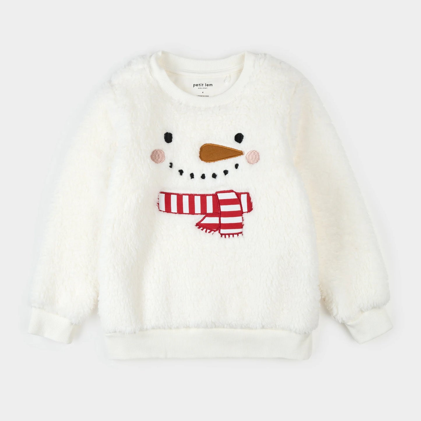 Snowman Embroidery on Off-White Sherpa Sweatshirt