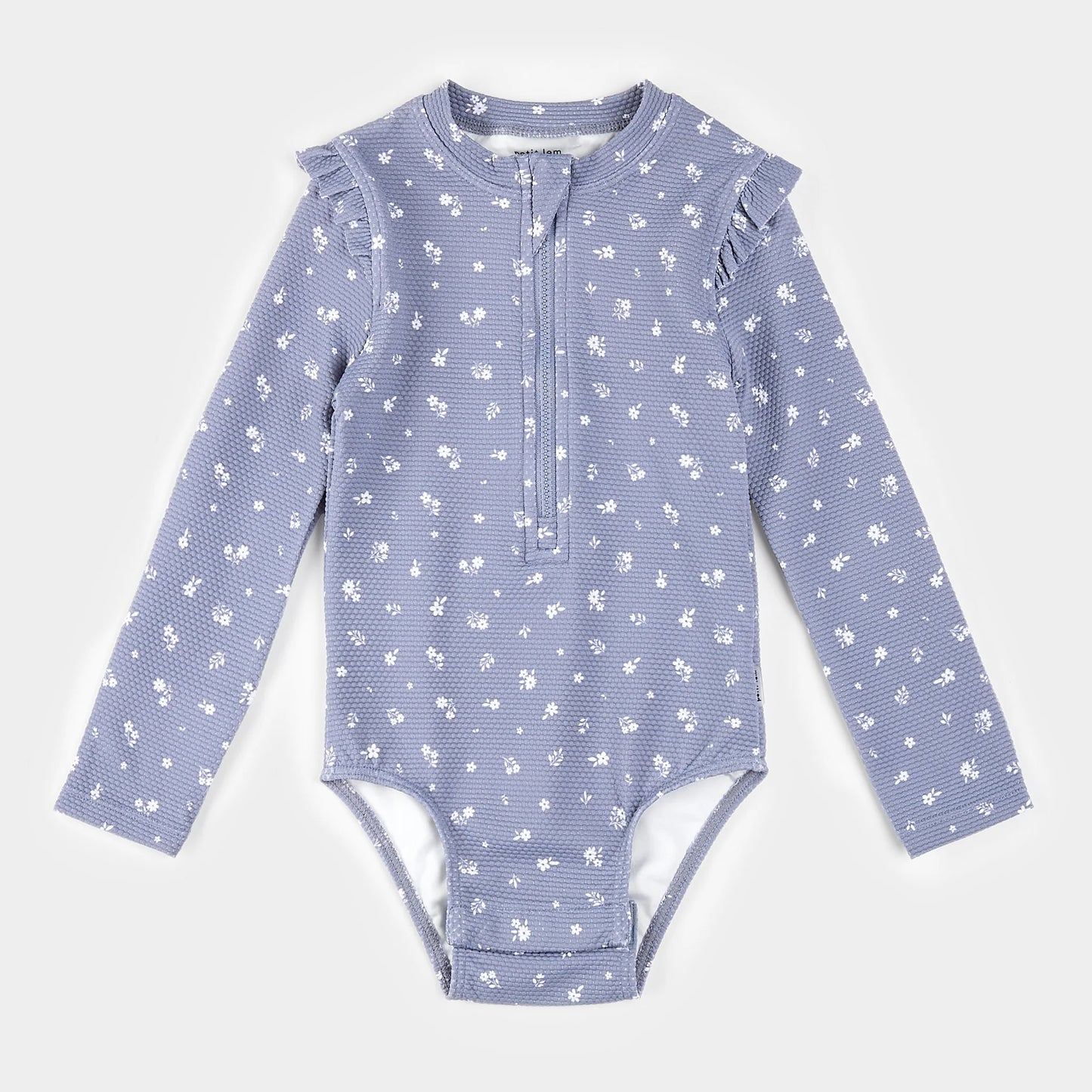 Wildflower Print on Steel Blue Long-Sleeve One-Piece Swimsuit