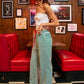 Contrast Drawstring Wide Leg Striped Lounge Pants: GREEN/IVORY