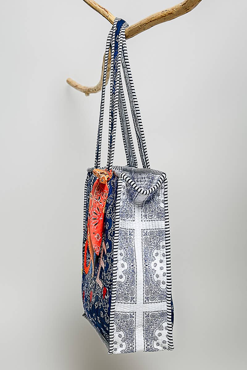 Quilted Indigo Paisley LOVE Tote Bag