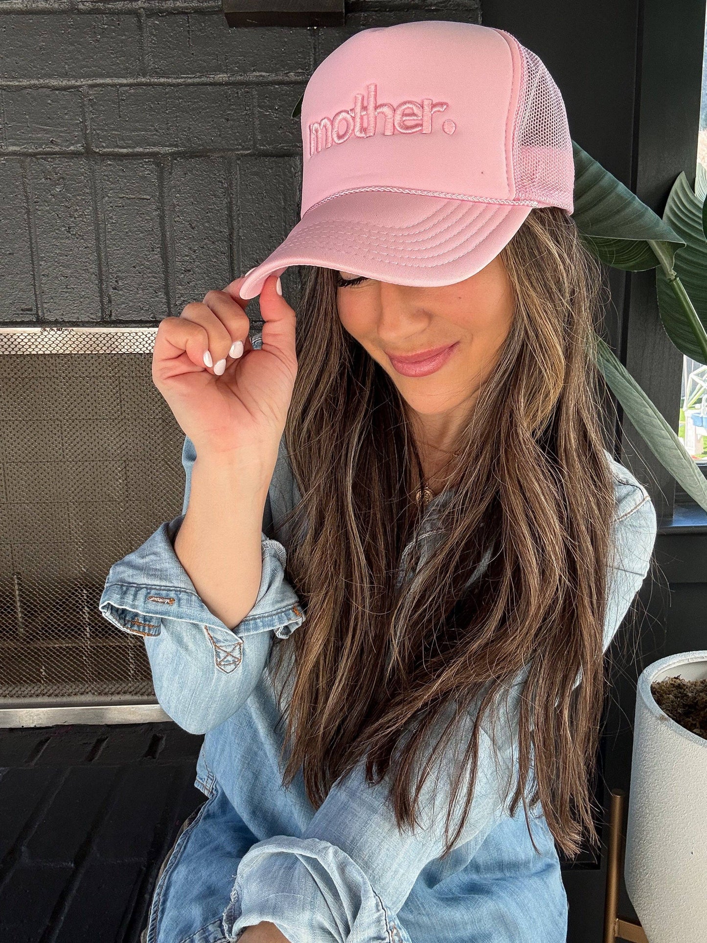 "mother." Embroidered Trucker Hat - Flamingo Pink: Flamingo Pink