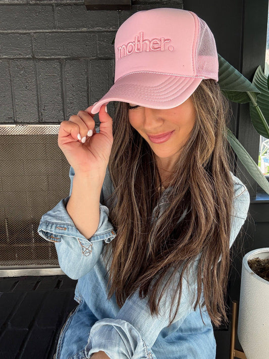 "mother." Embroidered Trucker Hat - Flamingo Pink: Flamingo Pink
