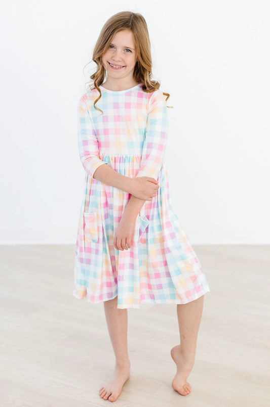 Pastel Plaid 3/4 Sleeve Pocket Twirl Dress