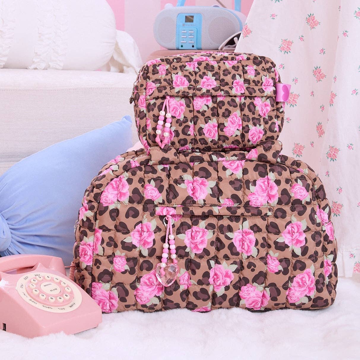Quilted Scrunchies Leopard Rose Printed Medium Duffle Bag