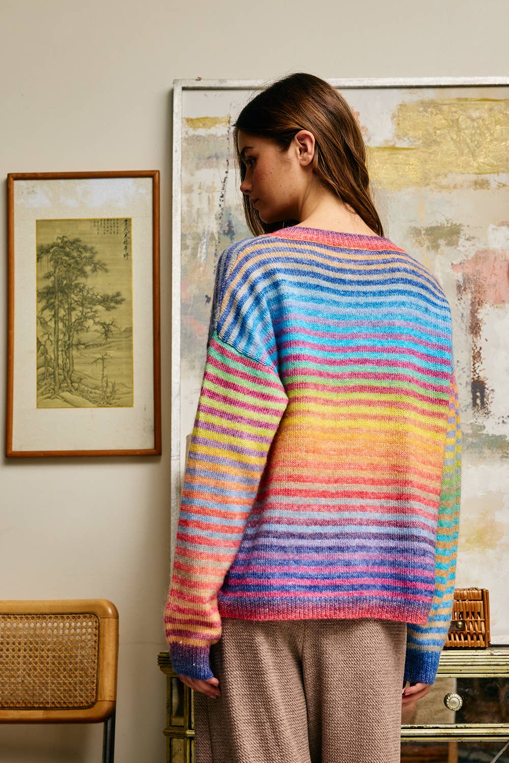 Space-Dye Striped Button-Down Cardigan: RAINBOW