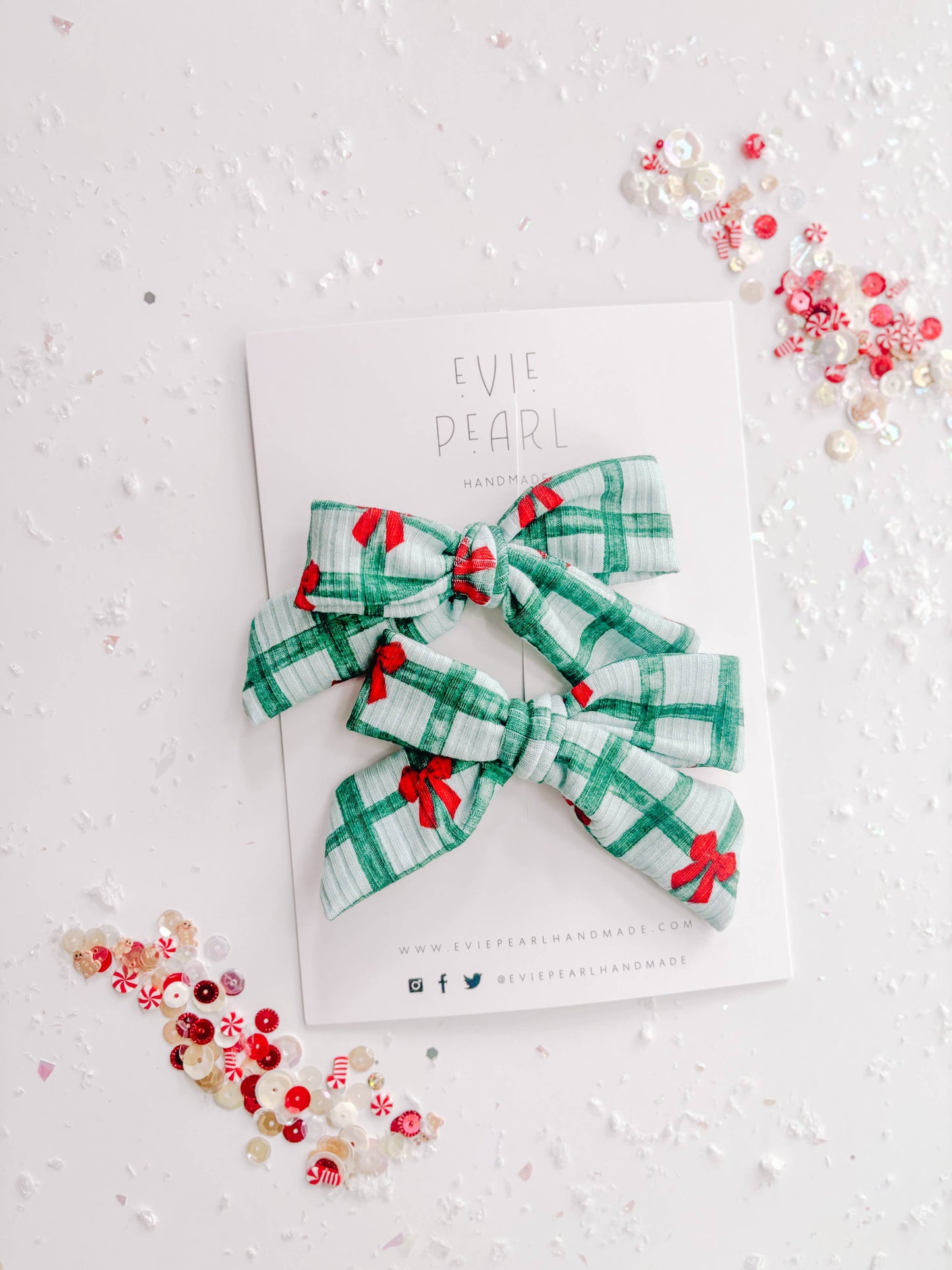 Green Plaid Red Bow Medium Pinwheel Pigtail Set