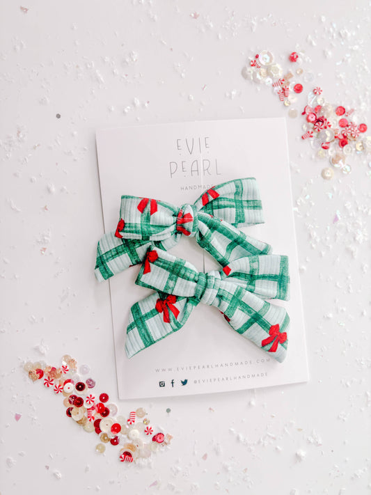 Green Plaid Red Bow Medium Pinwheel Pigtail Set