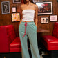 Contrast Drawstring Wide Leg Striped Lounge Pants: GREEN/IVORY