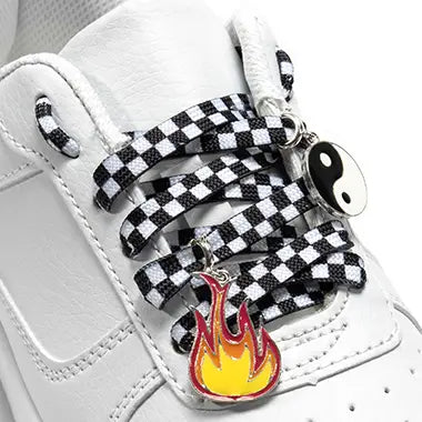 Shoelaces w/ Charms Set - Checkered W/Yin Yang & Fire Charms - Living Royal