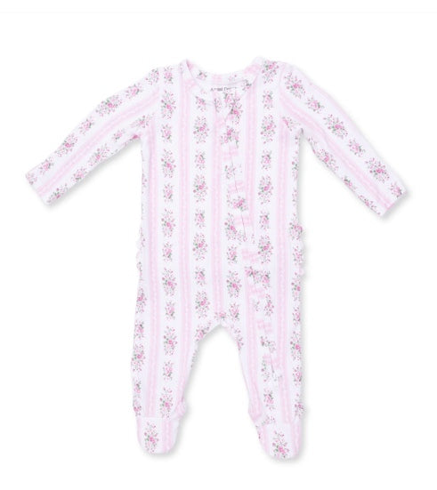 2 Way Ruffle Back Zipper Footie- Bella Rose Stripe
