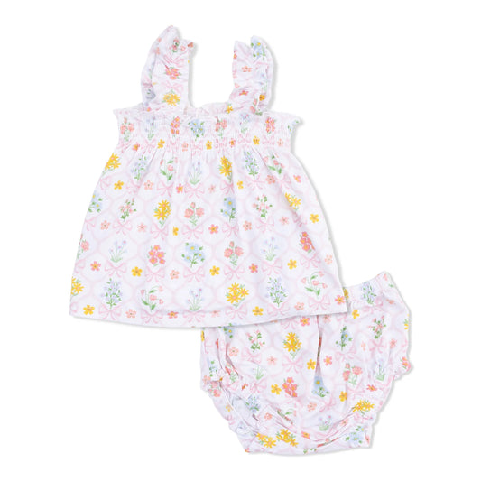 Ruffly Strap Top and Bloomer - Spring Blooms Bow Trellis - Angel Dear