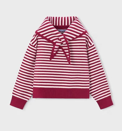 Girl Striped Sweater With Scarf- Red Stripes