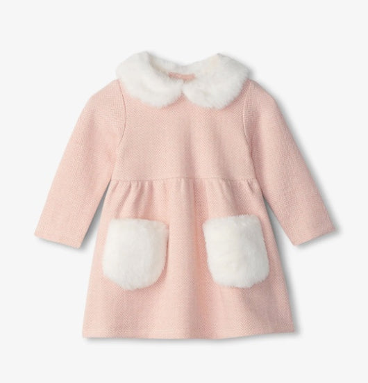 Girls Rose Elegance Herringbone Fur Trim Dress