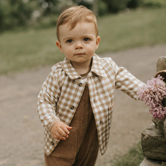 Light Taupe Gingham Quilted Cardigan - Petit Lem