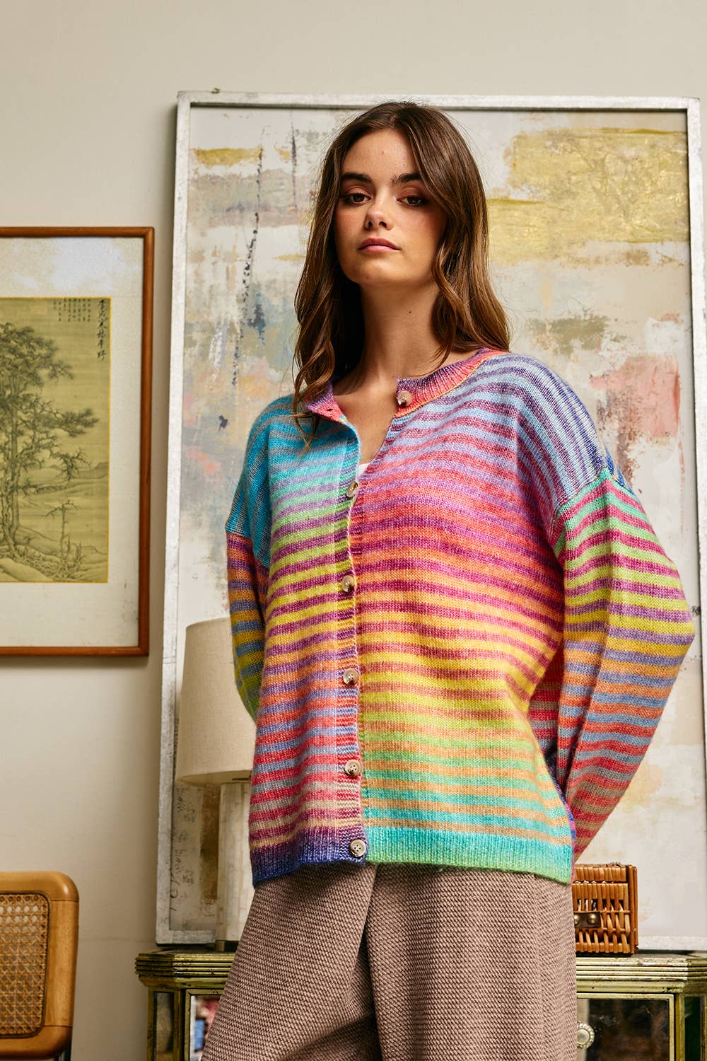 Space-Dye Striped Button-Down Cardigan: RAINBOW